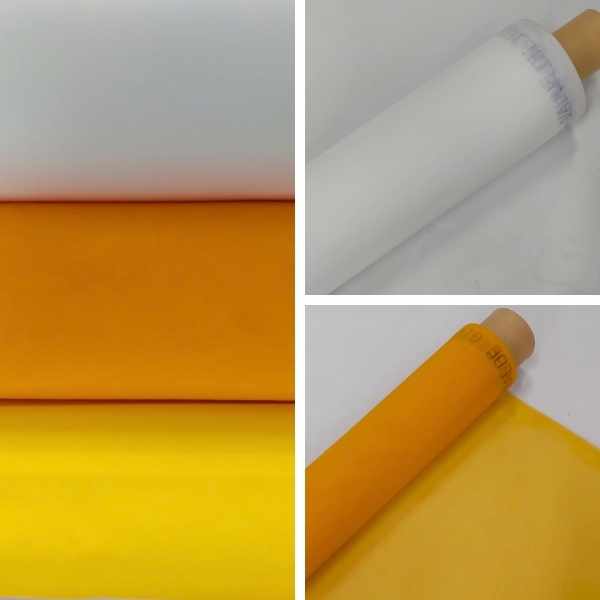 Montagem com rolos de tela de nylon para serigrafia nas cores branco, laranja e amarelo, mostrando detalhes das diferentes cores e acabamentos do tecido.