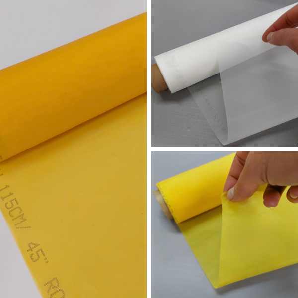 Montagem com detalhes de telas de poliéster para serigrafia: rolo amarelo parcialmente aberto à esquerda, e à direita mãos esticando telas branca e amarela, mostrando a transparência e maleabilidade do material