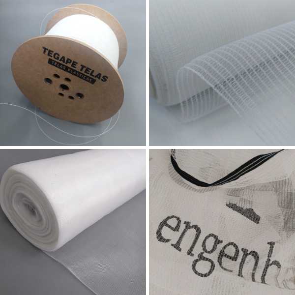 imagem do fio branco utilizado para fabricar a tela fachadeira, imagem do rolo de tela fachadeira branca, imagem detalhe da aplicação de logo na tela fachadeira e detalhe da trama da tela