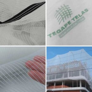 quatro imagens de tela fachadeira branca: imagem do acabamento e costura reforçada, imagem detalhe da tela fachadeira, imagem da logo aplicada na tela e imagem da tela instalada em uma obra