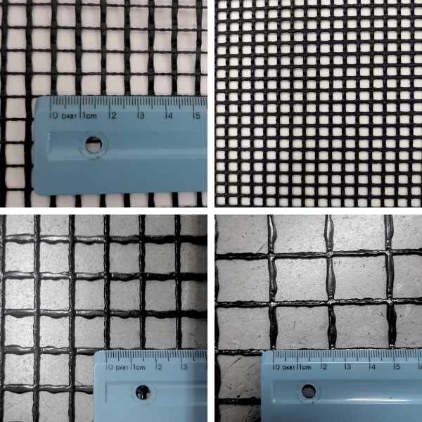 Montagem com quatro fotos de diferentes modelos de telas quadriculadas em poliéster revestido com PVC, todas em fundo claro com uma régua azul posicionada para referência de escala. As variações mostram diferentes tamanhos de malha e espessura dos fios, destacando os padrões e a precisão das aberturas. A imagem enfatiza a uniformidade, resistência e aplicação técnica dos materiais. Ideal para uso técnico, industrial ou informativo sobre tipos de telas reforçadas.