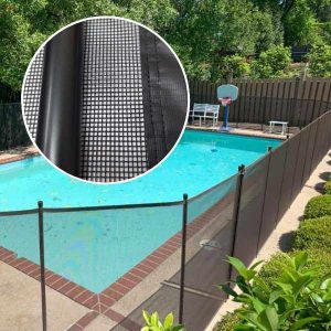cerca para piscina instalada e imagem detalhe da costura, reforço, suporte e haste de instalação