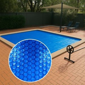 imagem mostrando o detalhe e um exemplo de uso da lona térmica para piscina