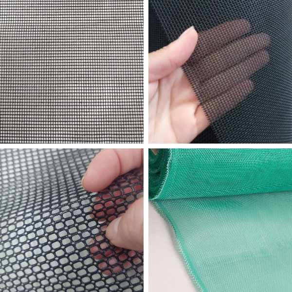 Montagem com quatro fotos em close de telas plásticas finas para alevinos, em diferentes tramas e cores, incluindo detalhes com a mão mostrando a transparência da malha e um rolo de tela verde estendido.