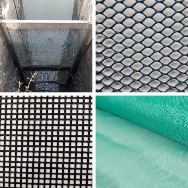 Mosaico com quatro fotos de telas para engorda de camarão em viveiros: à esquerda, tela instalada em canal de água; acima à direita, detalhe de malha plástica em losangos; abaixo à esquerda, malha quadrada preta; abaixo à direita, rolo de tela verde de trama fina