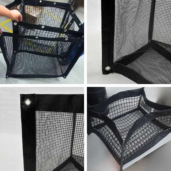 Montagem do classificador de peixes em tela plástica preta, mostrando detalhes das laterais, cantos reforçados com lona e ilhós metálicos para fixação.