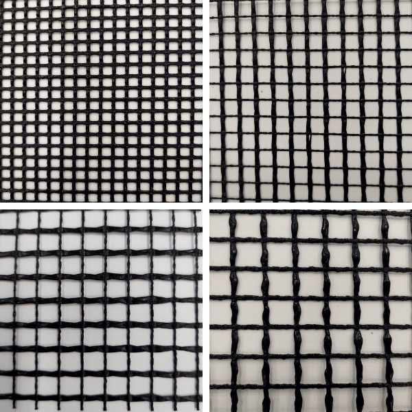 Close em quatro variações de telas plásticas pretas em malha quadrada, destacando diferentes aberturas de malha usadas em classificadores de peixes.