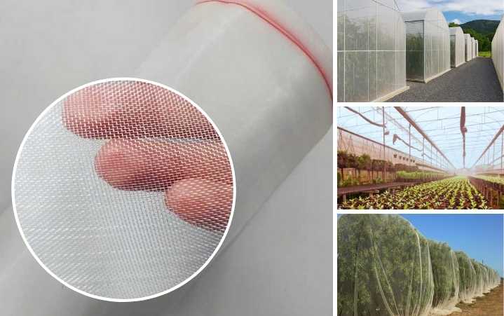 Rolo de tela antiafídeo em polietileno de alta densidade, com detalhe do tecido fino e imagens ilustrando sua aplicação em estufas, viveiros e cultivo de árvores frutíferas, destacando o uso agrícola para proteção contra insetos e intempéries.