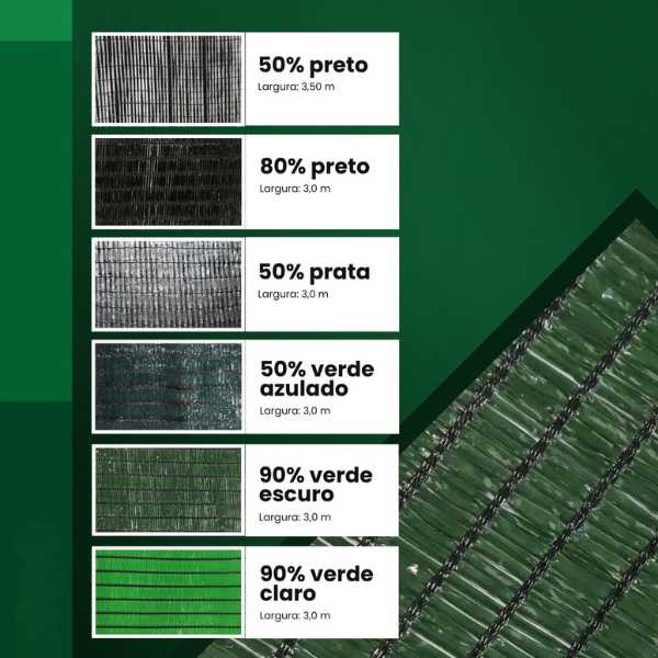 Amostra comparativa de telas de sombreamento com diferentes porcentagens e cores: 50% preto, 80% preto, 50% prata, 50% verde azulado, 90% verde escuro e 90% verde claro, cada uma com a respectiva largura indicada.